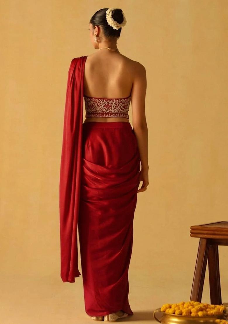 Crimson Red Hand Work Crepe Pre Draped Saree Set - Indya