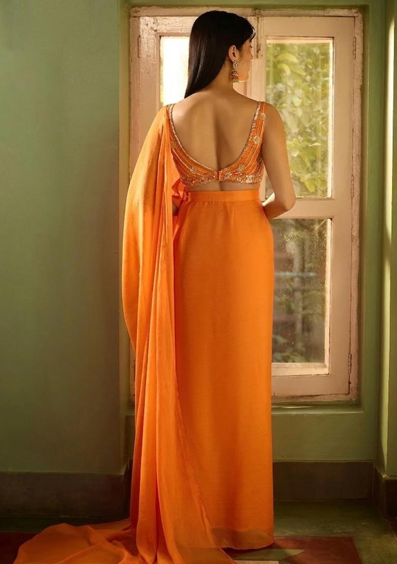 Orange Hand Work CHINON Pre Draped Saree Set - Indya