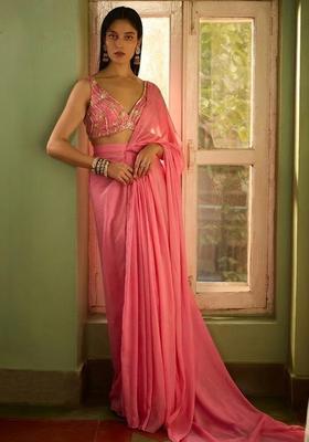 Pink Hand Work CHINON Pre Draped Saree Set