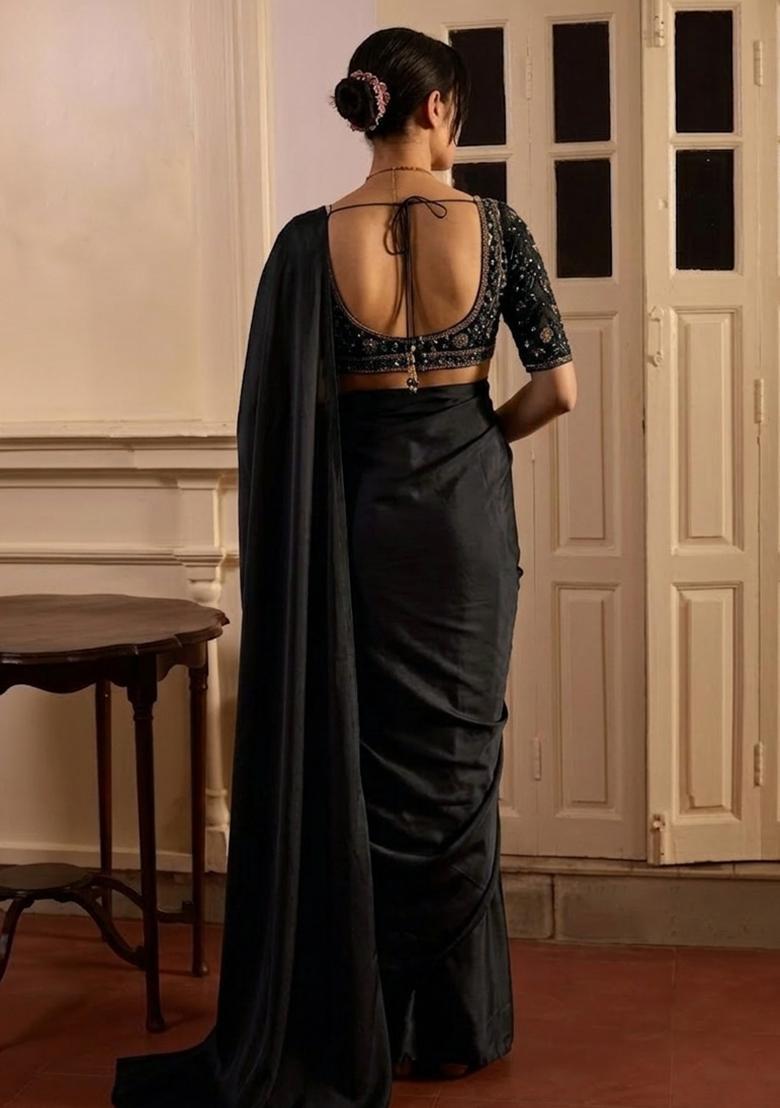 Jet Black Hand Work Crepe Pre Draped Saree Set - Indya
