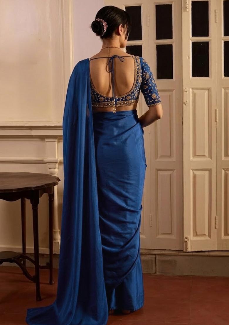 Dark Blue Hand Work Crepe Pre Draped Saree Set - Indya