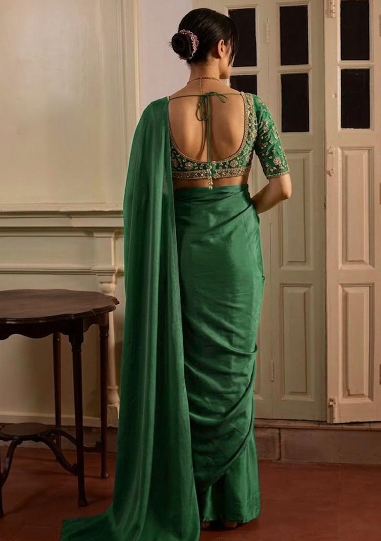 Bottle Green Hand Work Crepe Pre Draped Saree Set - Indya