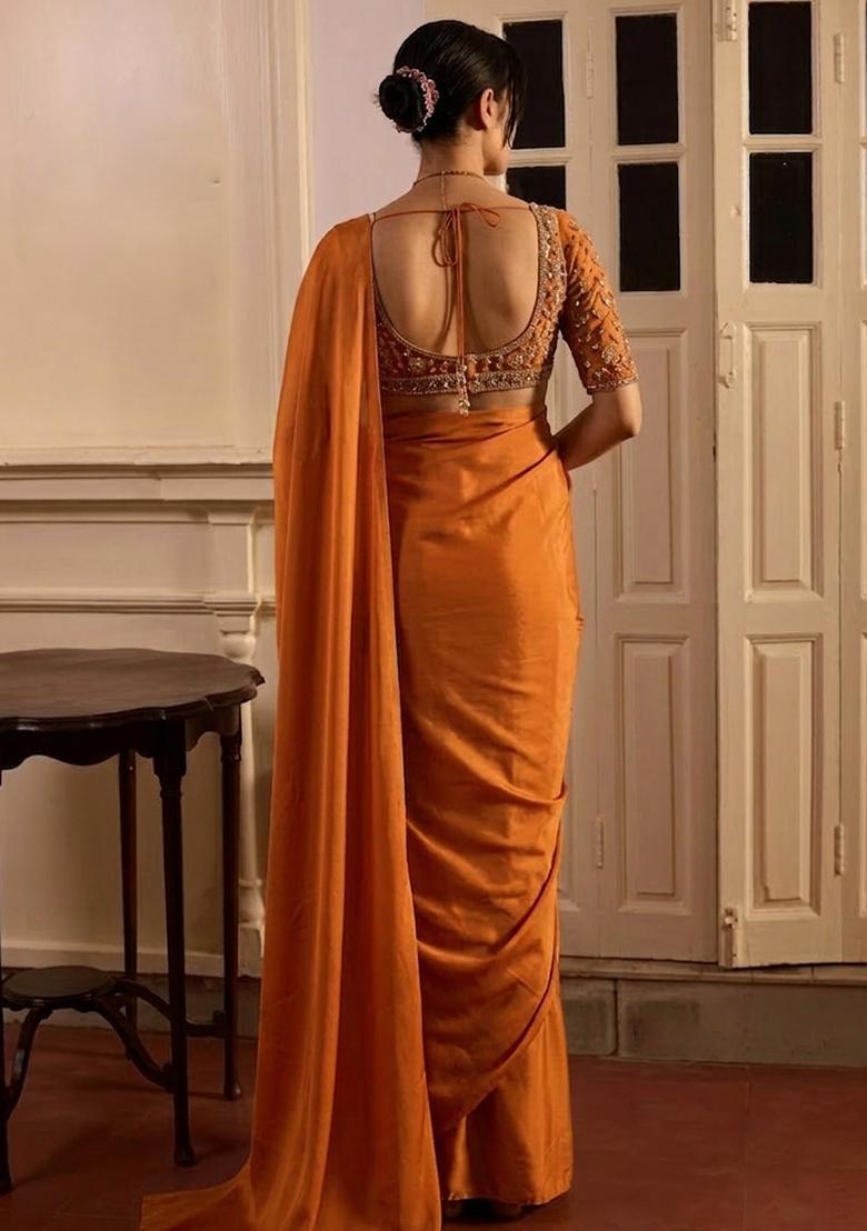 Orange Hand Work Crepe Pre Draped Saree Set - Indya