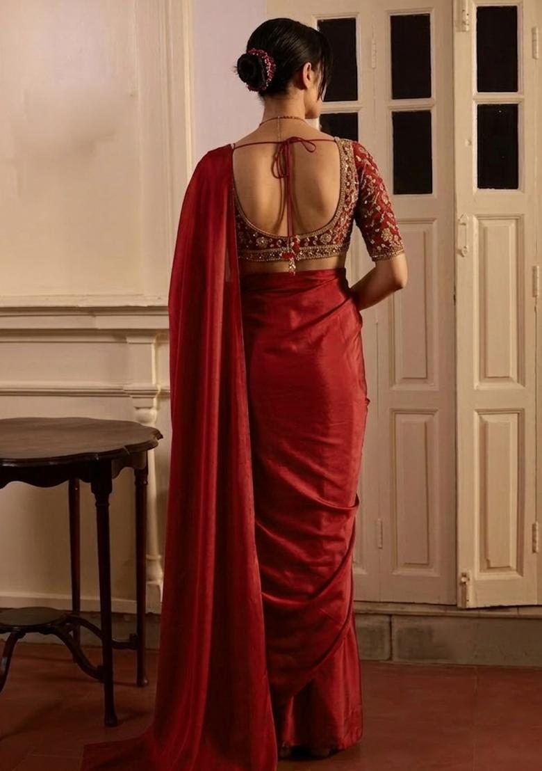 Red Hand Work Crepe Pre Draped Saree Set - Indya