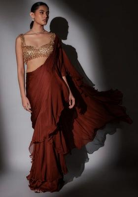 Rust Brown Hand Work CHINON Pre Draped Saree Set