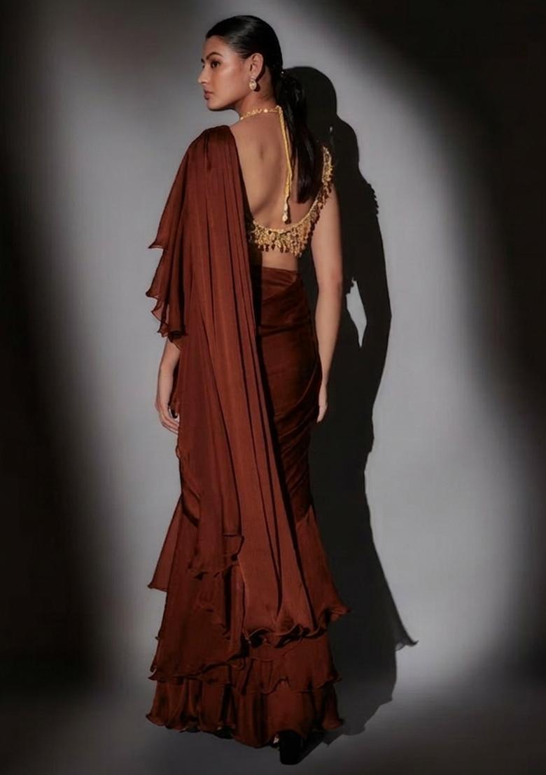 Rust Brown Hand Work CHINON Pre Draped Saree Set - Indya