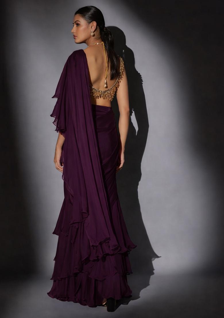 Deep Wine Hand Work CHINON Pre Draped Saree Set - Indya
