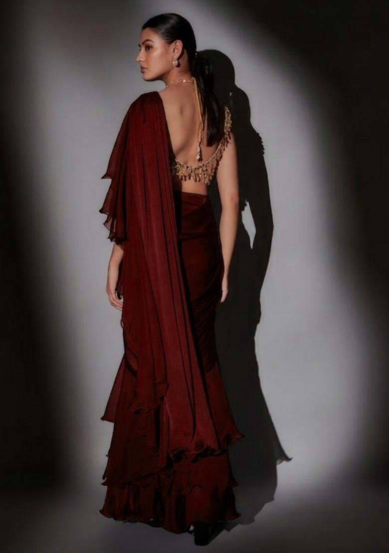 Brown Hand Work CHINON Pre Draped Saree Set - Indya
