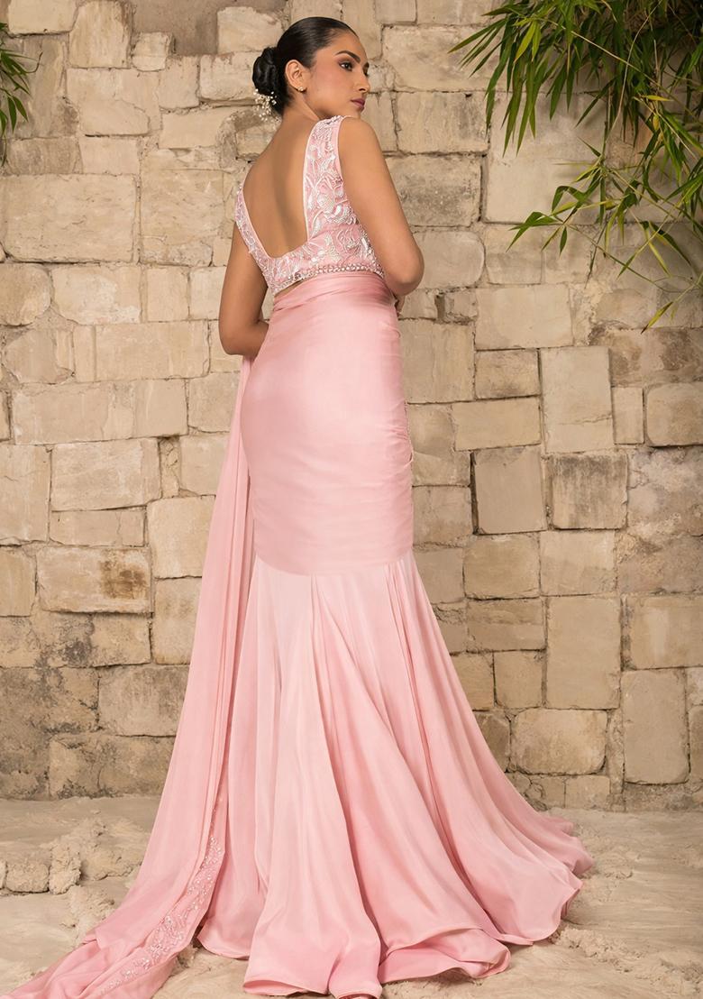 Baby Pink Hand Work Satin Pre Draped Saree Set - Indya