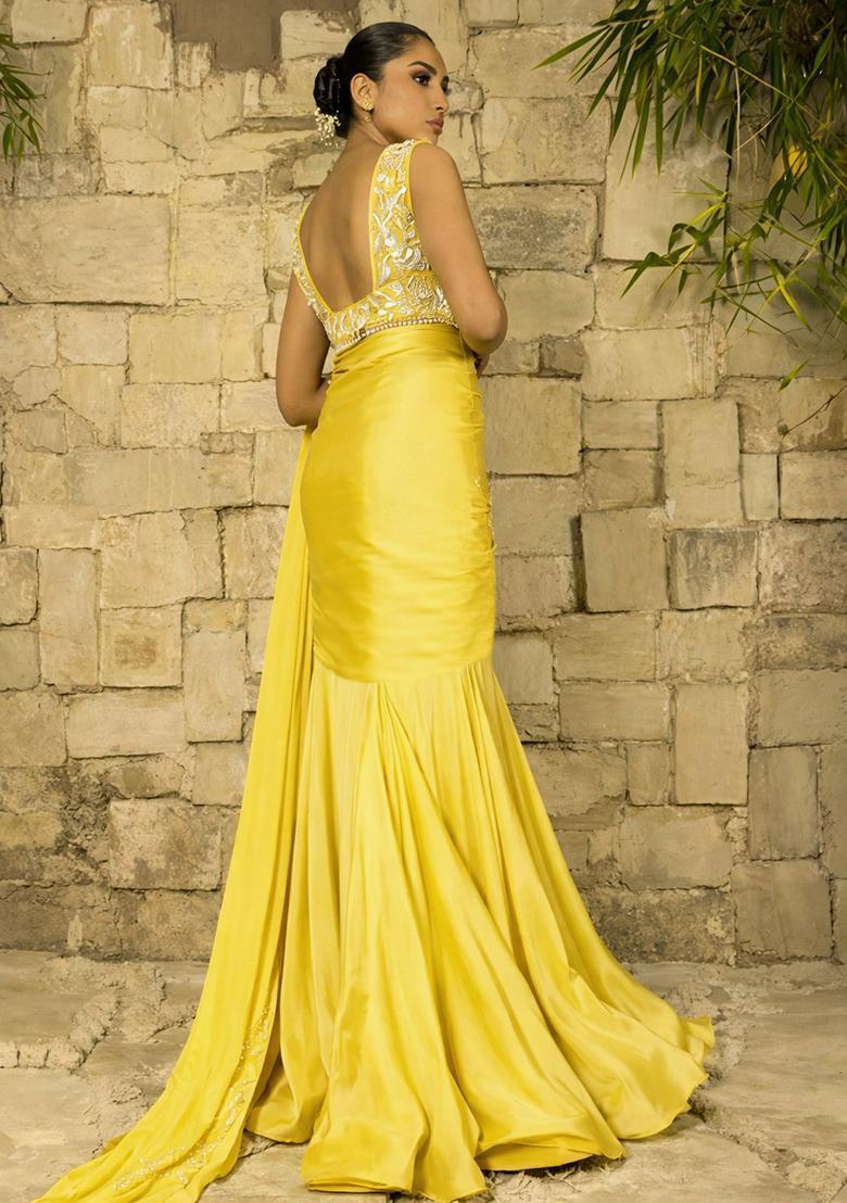 Yellow Hand Work Satin Pre Draped Saree Set - Indya