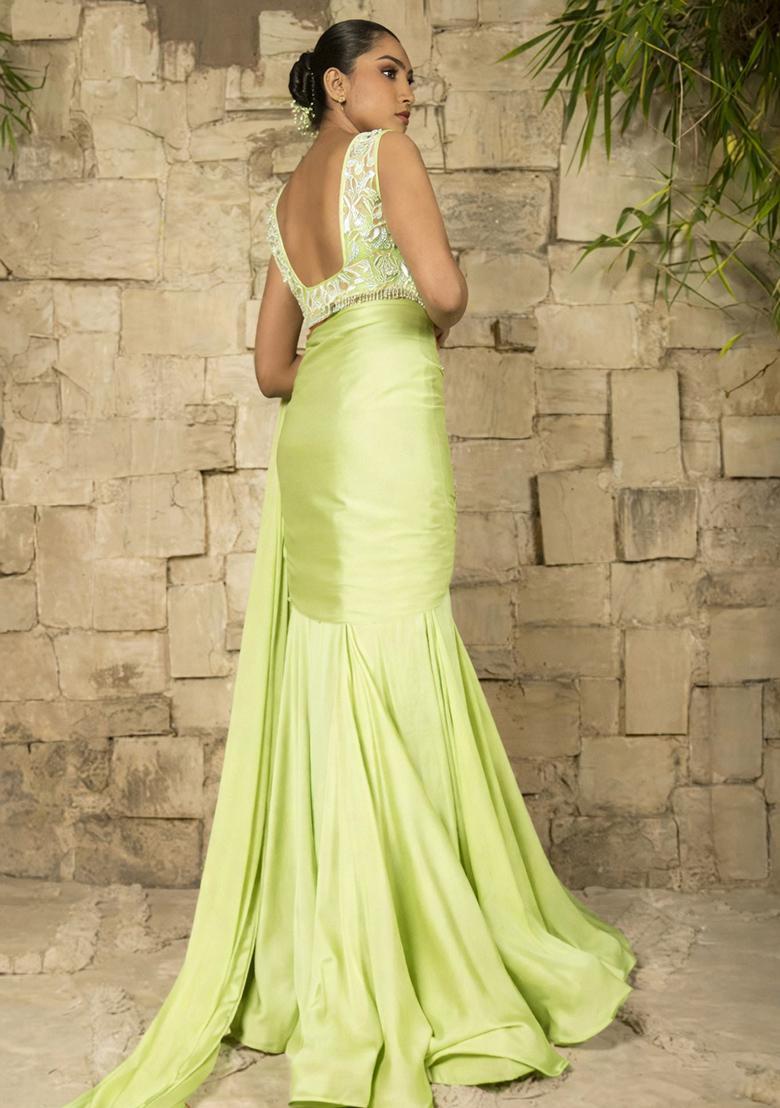 Pistachio Green Hand Work Satin Pre Draped Saree Set - Indya