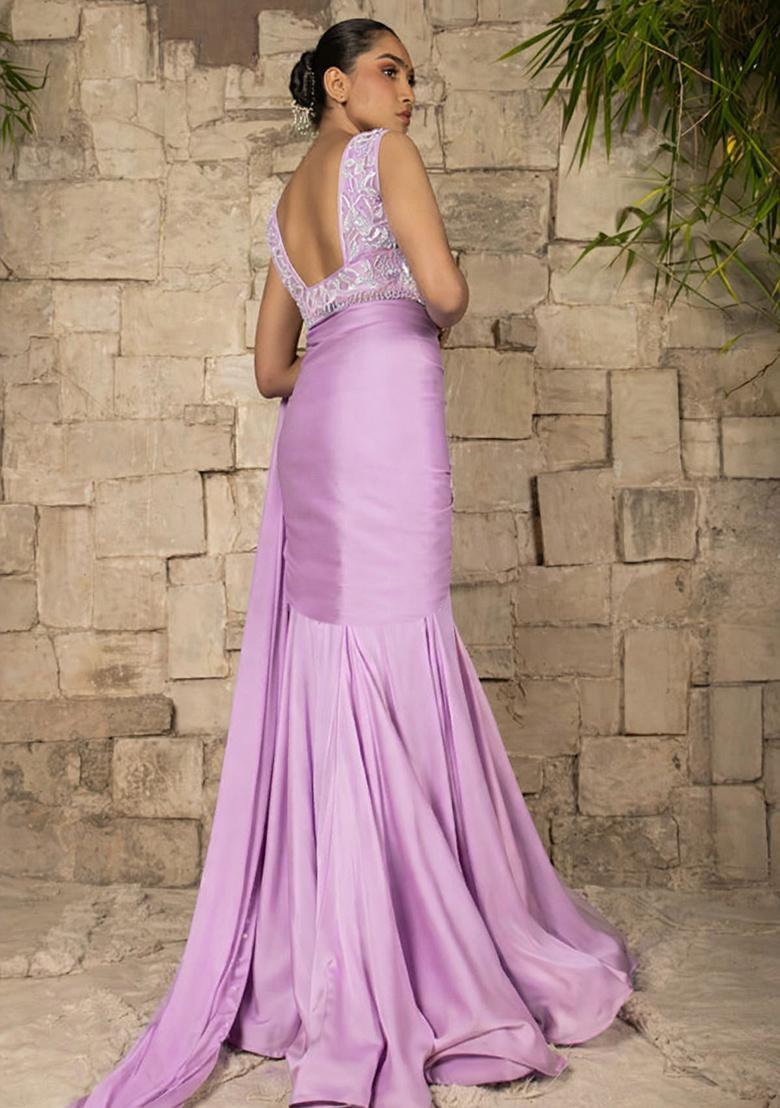 Lilac Hand Work Satin Pre Draped Saree Set - Indya