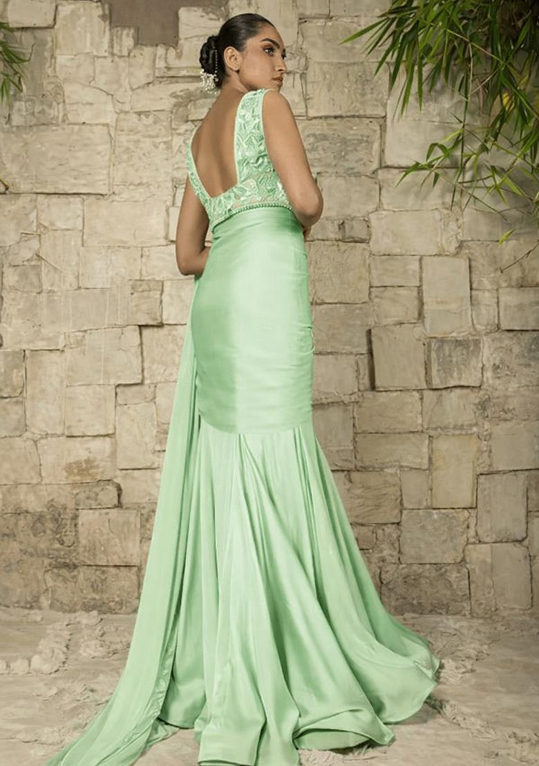 Mint Green Hand Work Satin Pre Draped Saree Set - Indya