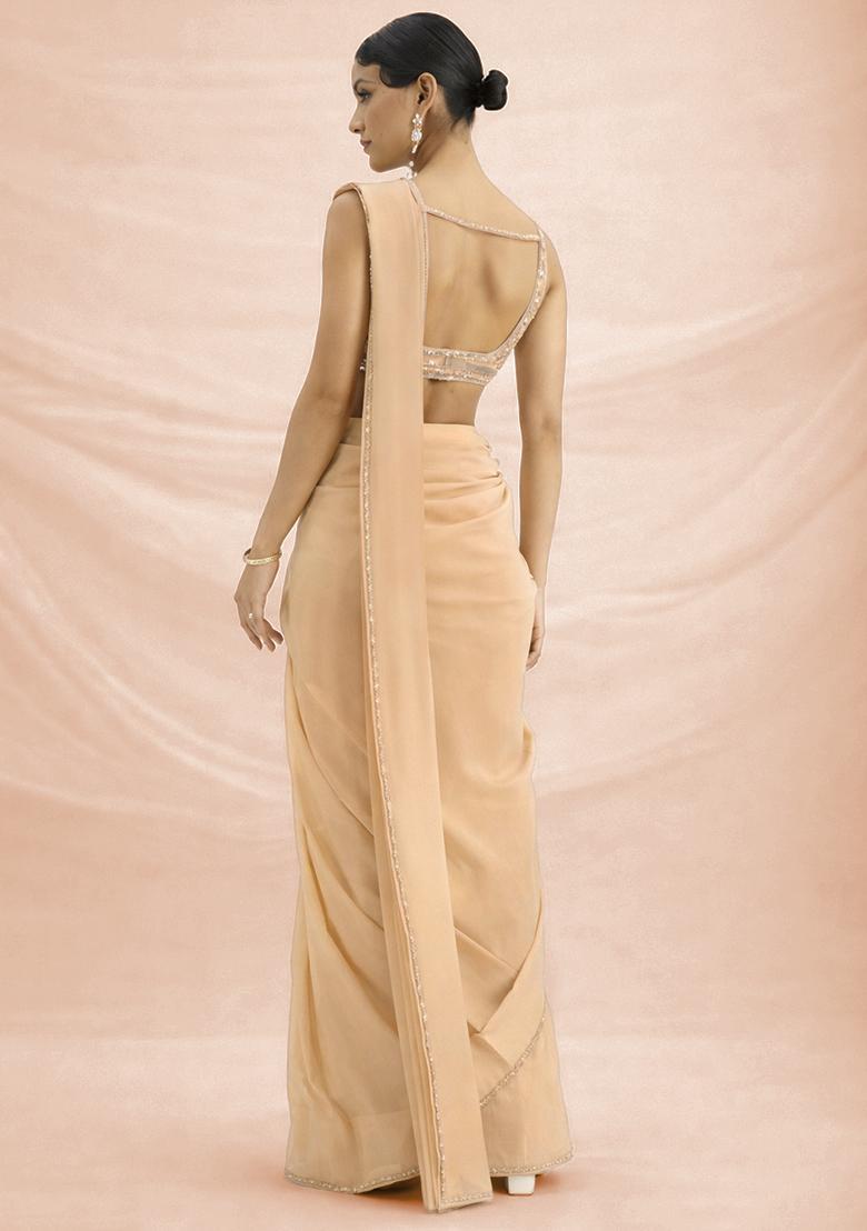 Beige Hand Work Crepe Pre Draped Saree Set - Indya