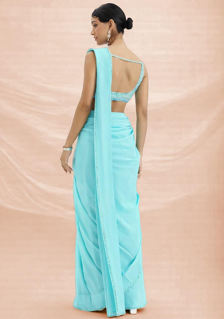 Turquoise Blue Hand Work Crepe Pre Draped Saree Set - Indya