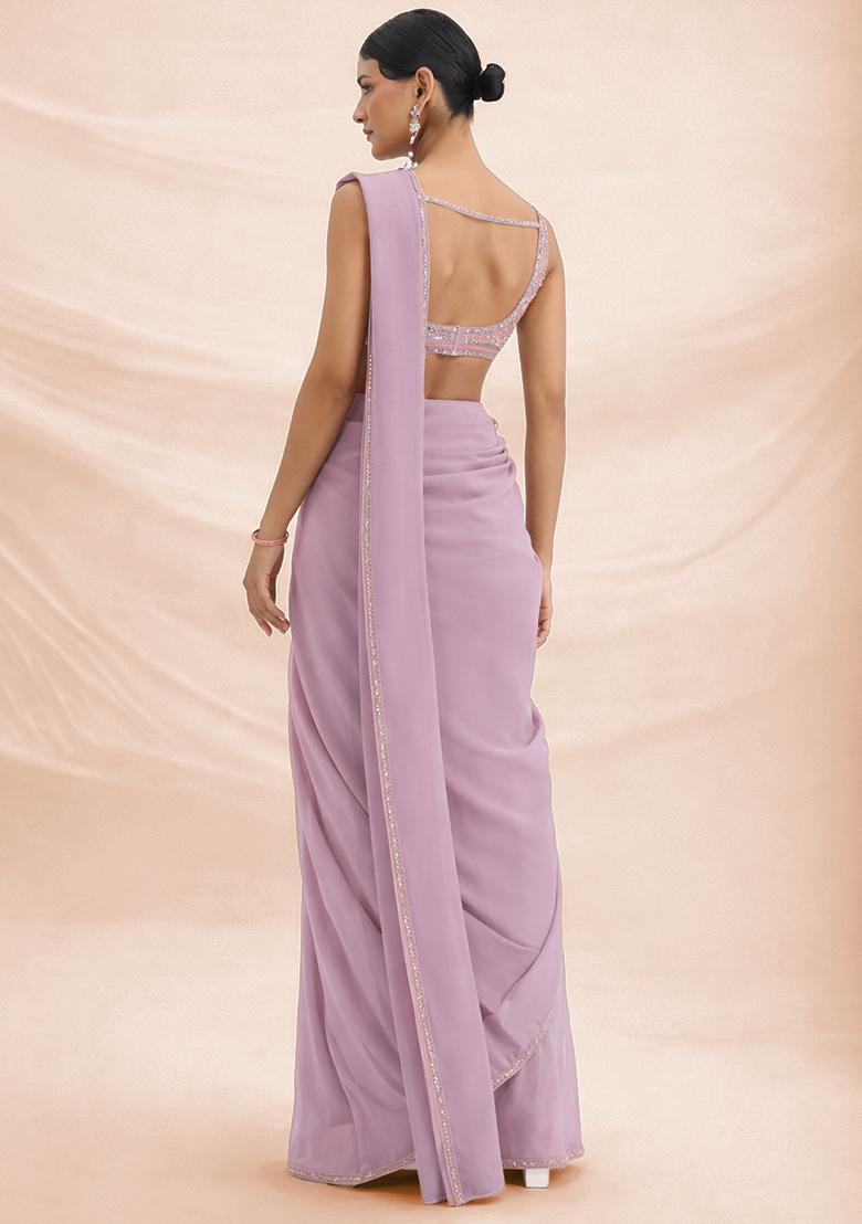 Mauve Hand Work Crepe Pre Draped Saree Set - Indya