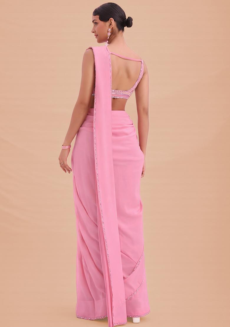 Pink Hand Work Crepe Pre Draped Saree Set - Indya
