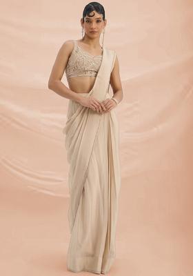 Off White Hand Work Crepe Pre Draped Saree Set