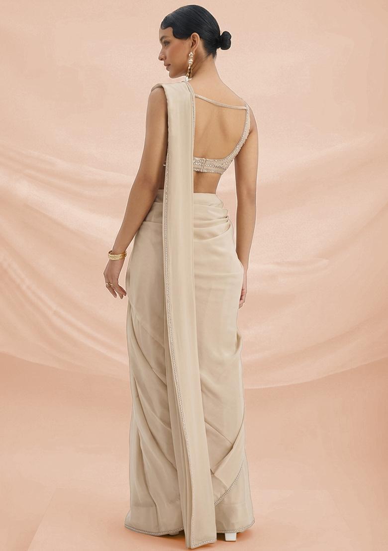 Off White Hand Work Crepe Pre Draped Saree Set - Indya