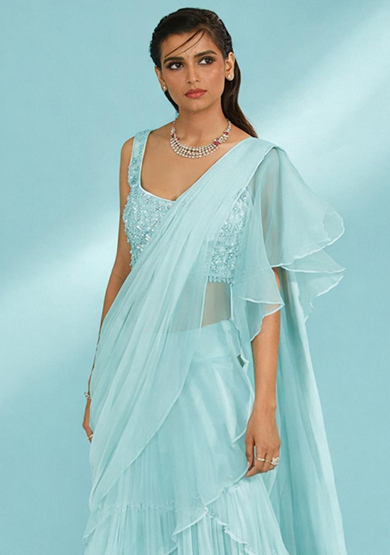 Turquoise Blue Hand Work Georgette Pre Draped Saree Set - Indya