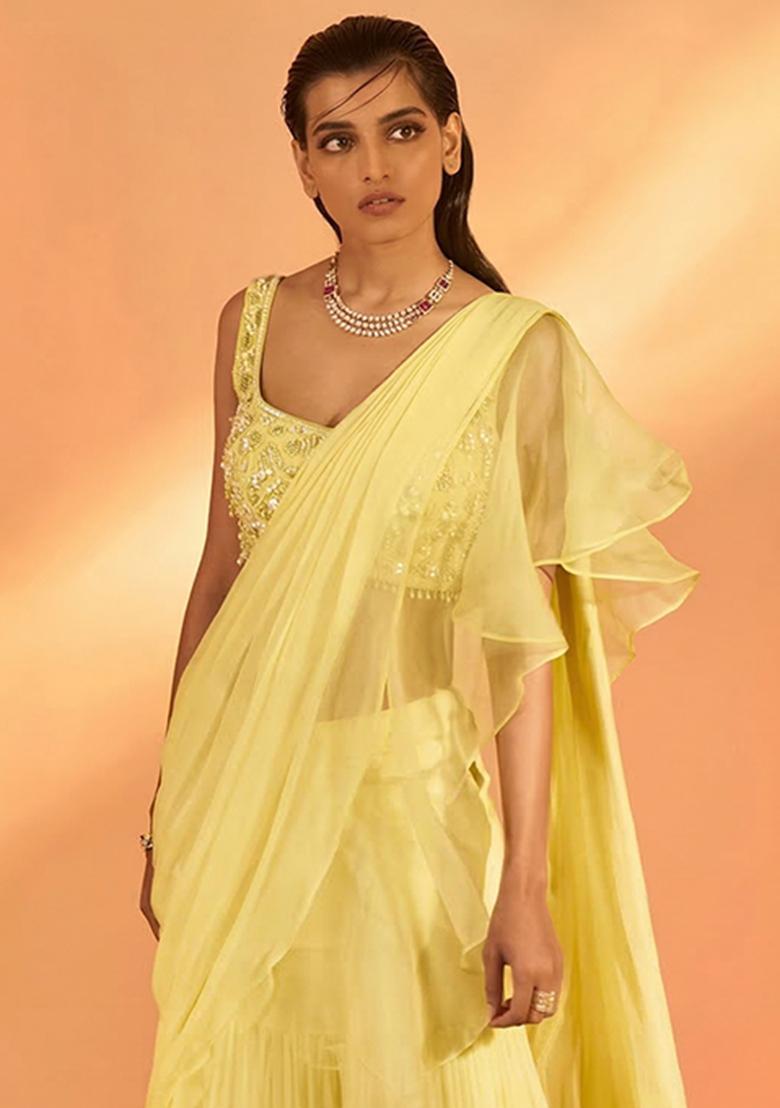 Yellow Hand Work Georgette Pre Draped Saree Set - Indya