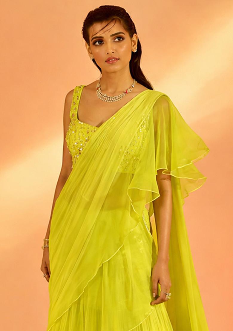 Lime Green Hand Work Georgette Pre Draped Saree Set - Indya