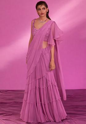 Pink Hand Work Georgette Pre Draped Saree Set