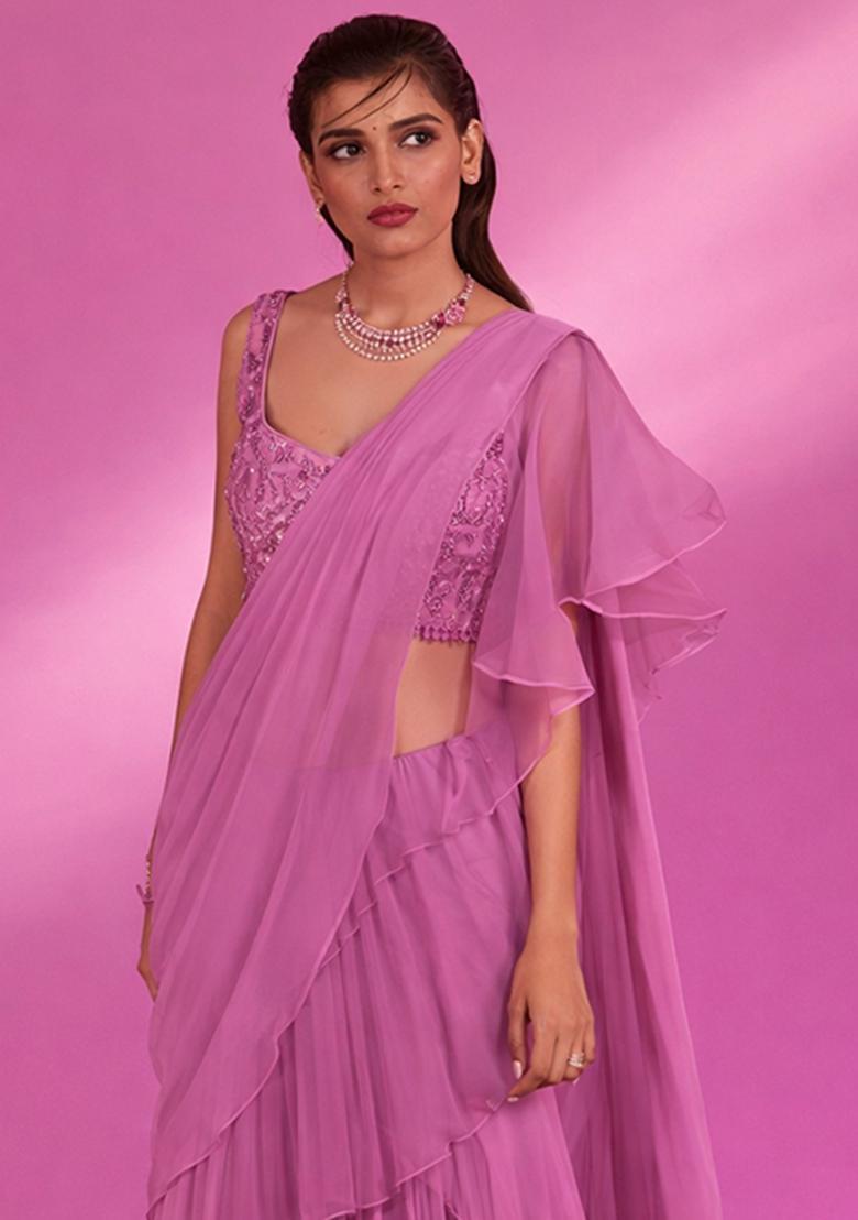 Pink Hand Work Georgette Pre Draped Saree Set - Indya
