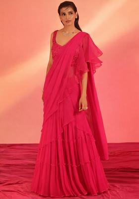 Rani Pink Hand Work Georgette Pre Draped Saree Set