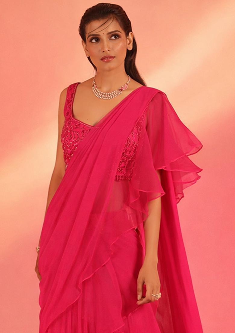 Rani Pink Hand Work Georgette Pre Draped Saree Set - Indya
