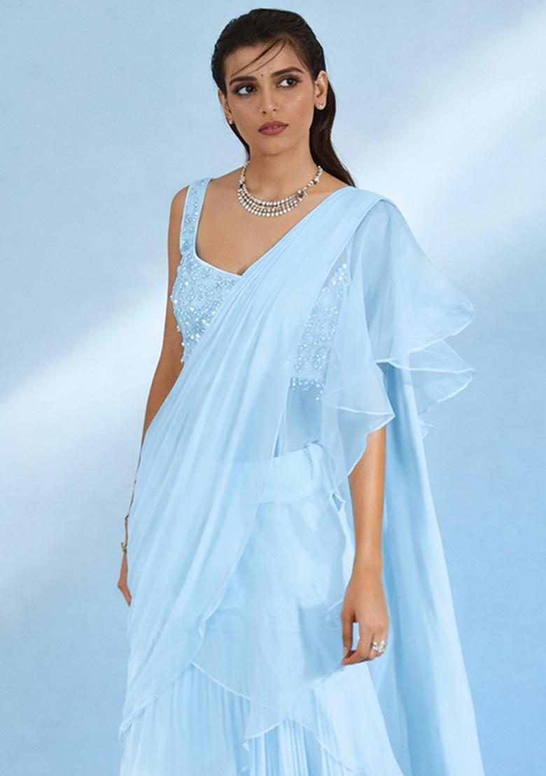 Turquoise Blue Hand Work Georgette Pre Draped Saree Set - Indya