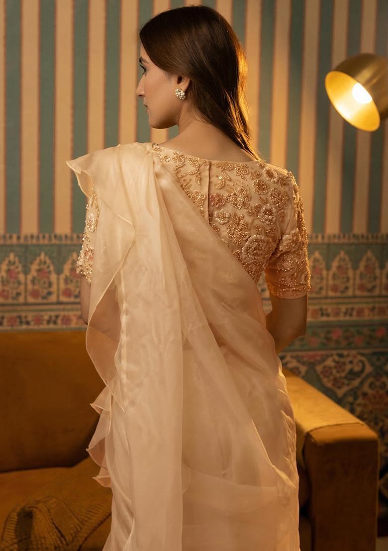 Champagne Beige Hand Work Organza Pre Draped Saree Set - Indya