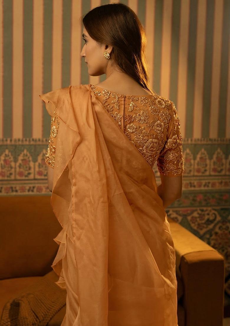 Brown Hand Work Organza Pre Draped Saree Set - Indya