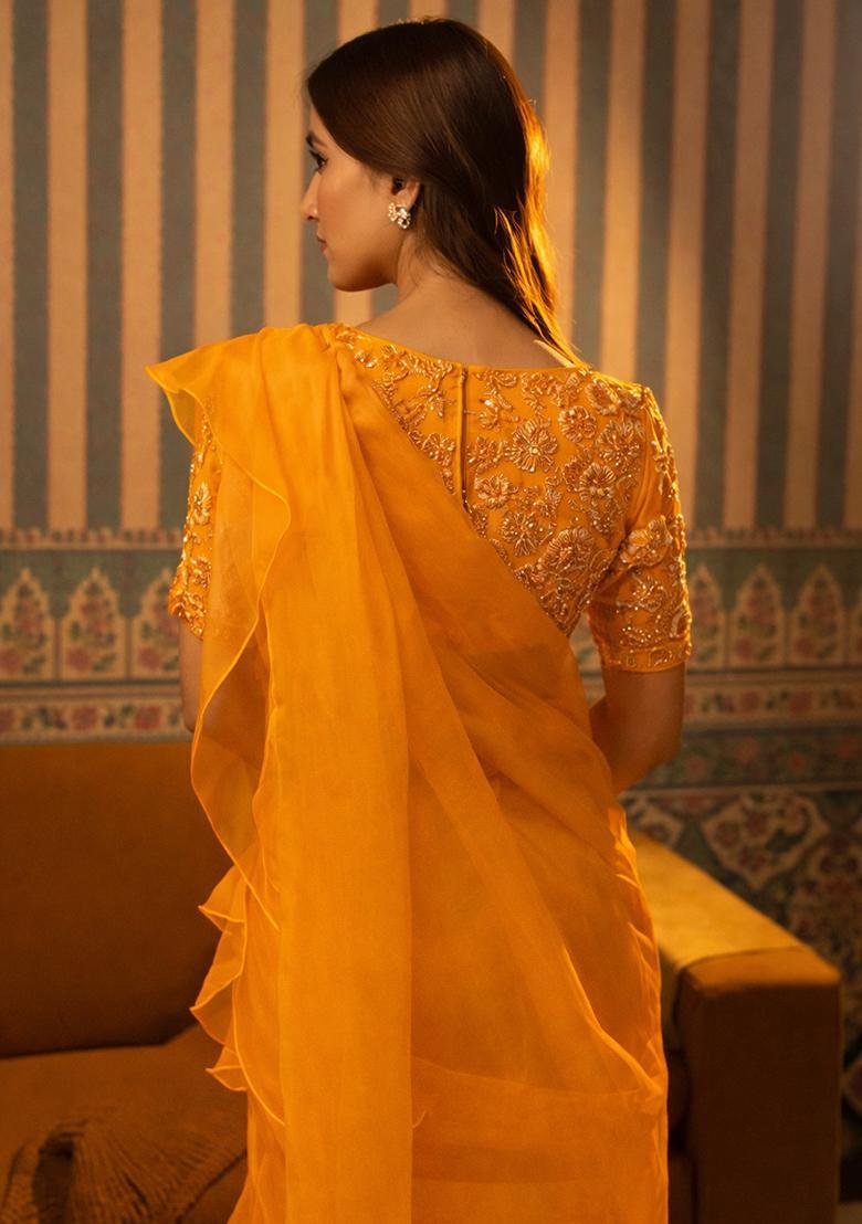 Orange Hand Work Organza Pre Draped Saree Set - Indya