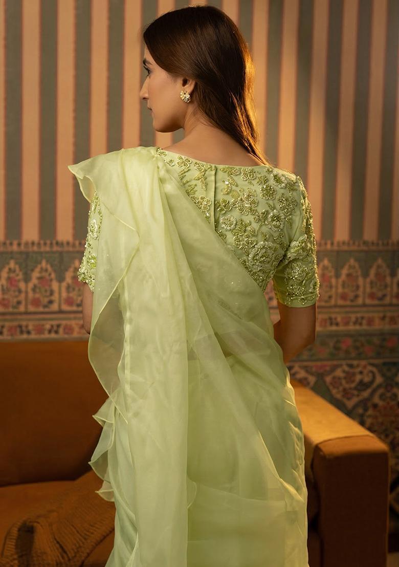 Pastel Green Hand Work Organza Pre Draped Saree Set - Indya
