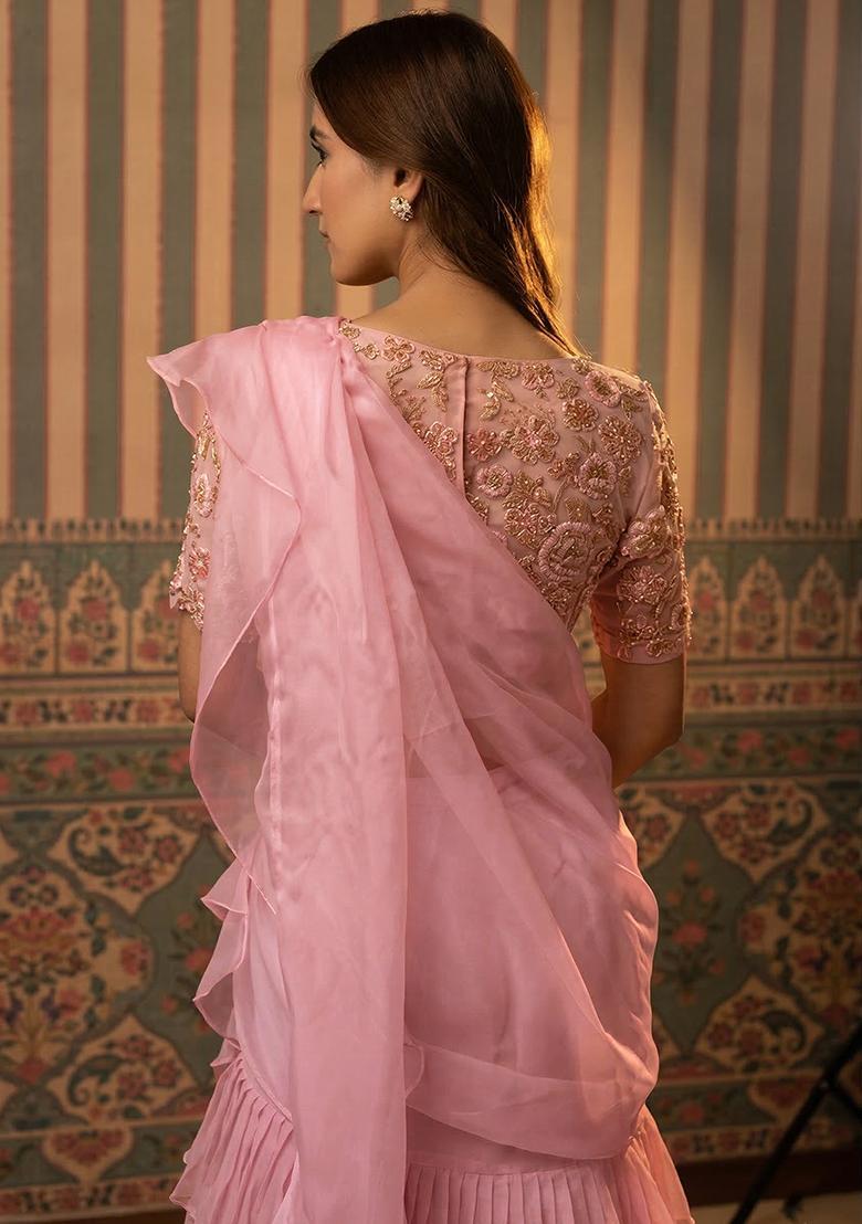 Pink Hand Work Organza Pre Draped Saree Set - Indya