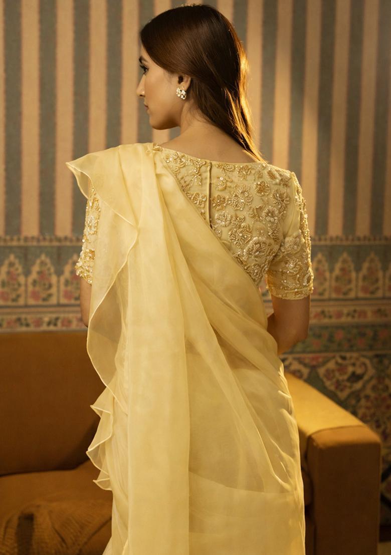Yellow Hand Work Organza Pre Draped Saree Set - Indya