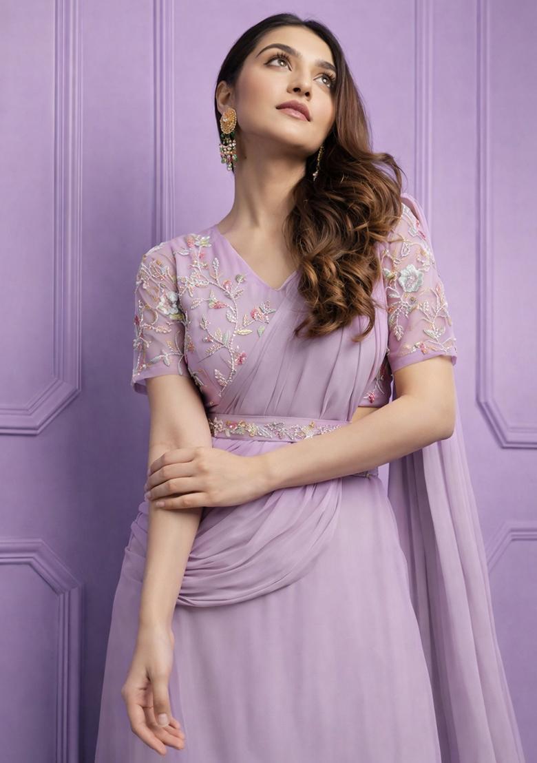 Lilac Hand Work Georgette Pre Draped Saree Set - Indya