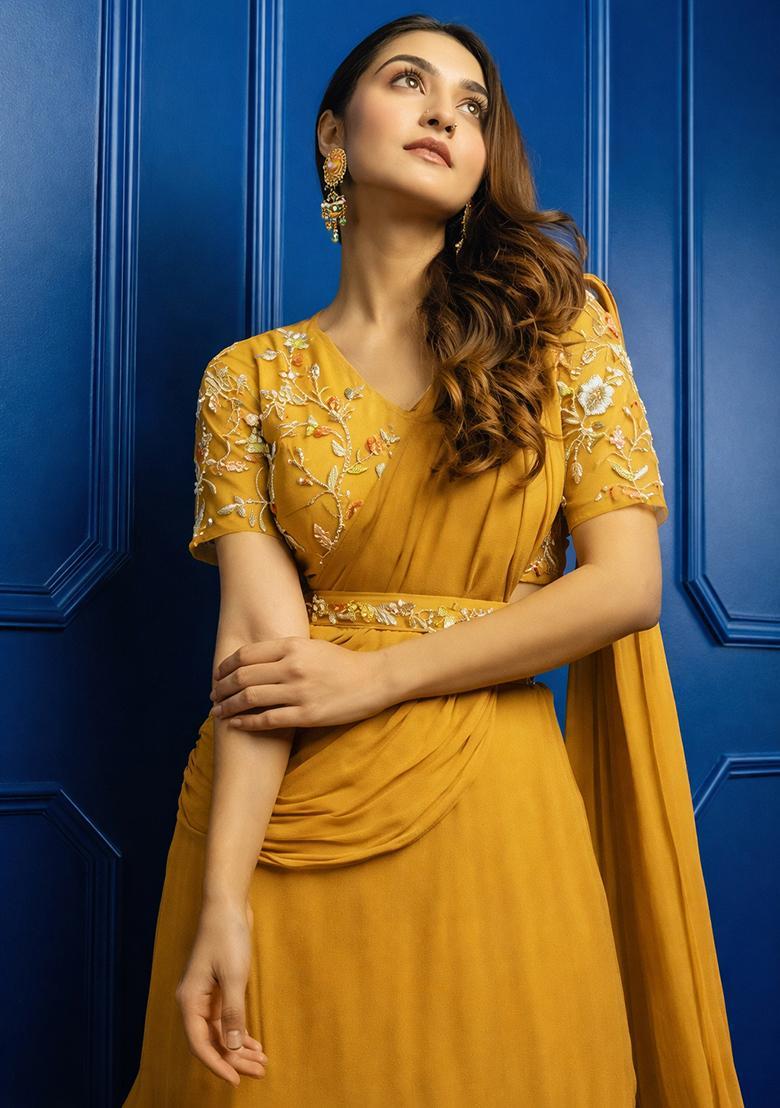 Mustard Hand Work Georgette Pre Draped Saree Set - Indya