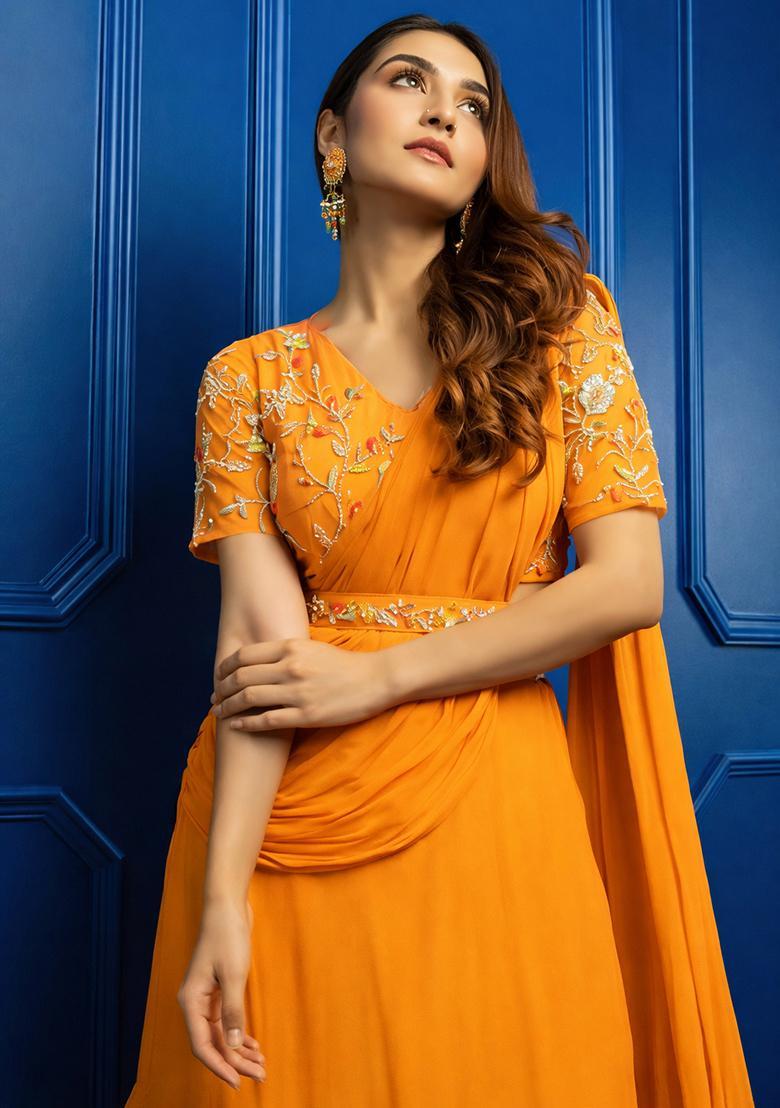 Orange Hand Work Georgette Pre Draped Saree Set - Indya