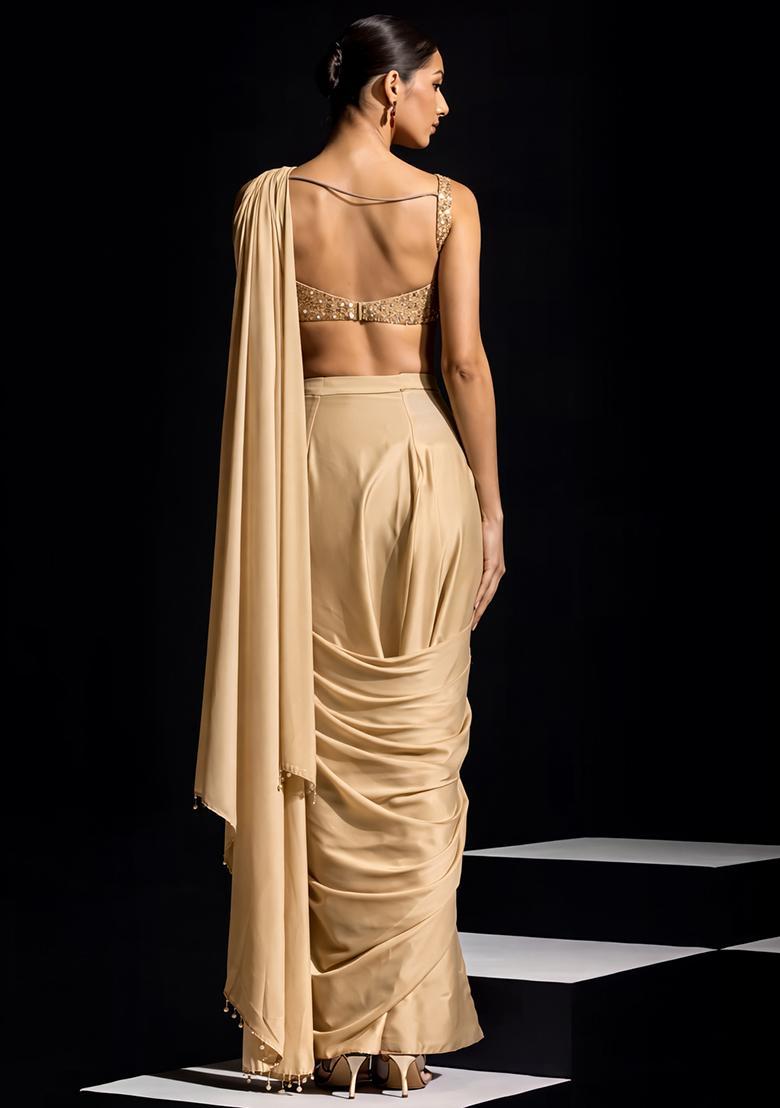 Champagne Beige Hand Work Crepe Pre Draped Saree Set - Indya