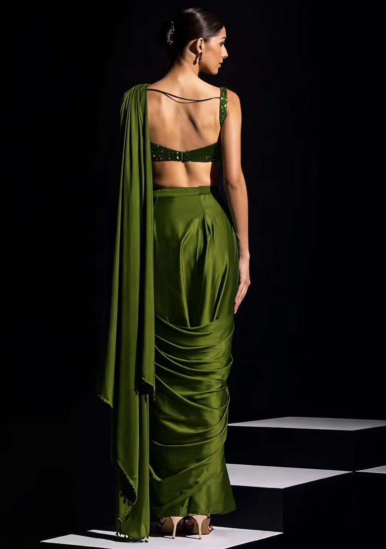 Olive Green Hand Work Crepe Pre Draped Saree Set - Indya