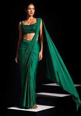 Bottle Green Hand Work Crepe Pre Draped Saree Set