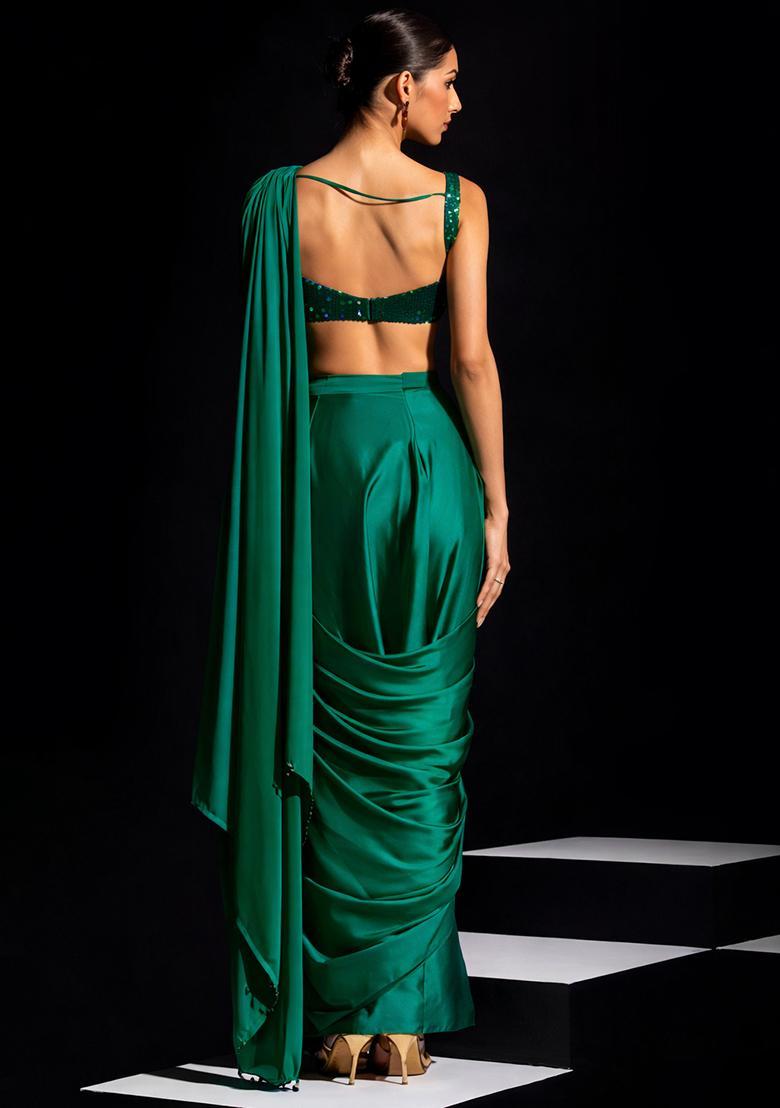 Bottle Green Hand Work Crepe Pre Draped Saree Set - Indya