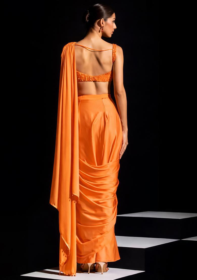 Orange Hand Work Crepe Pre Draped Saree Set - Indya