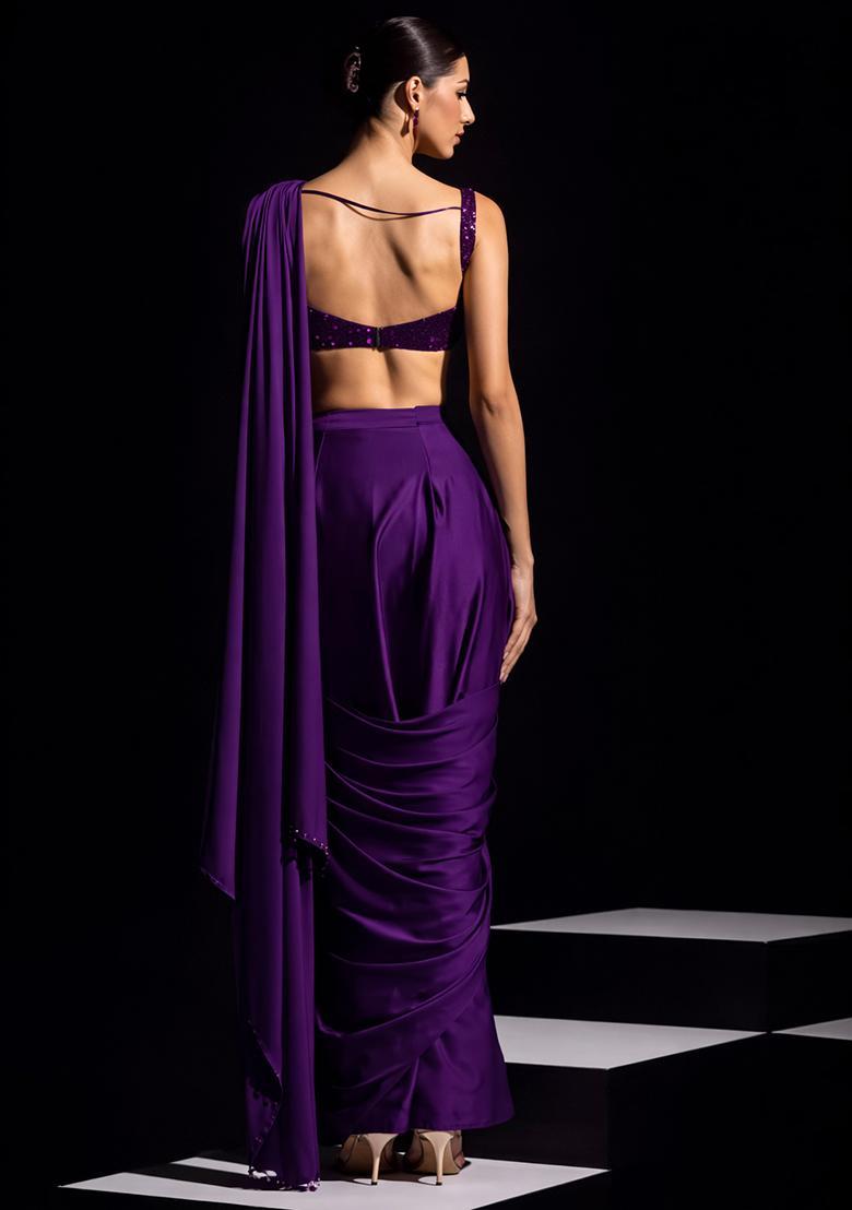 Purple Hand Work Crepe Pre Draped Saree Set - Indya