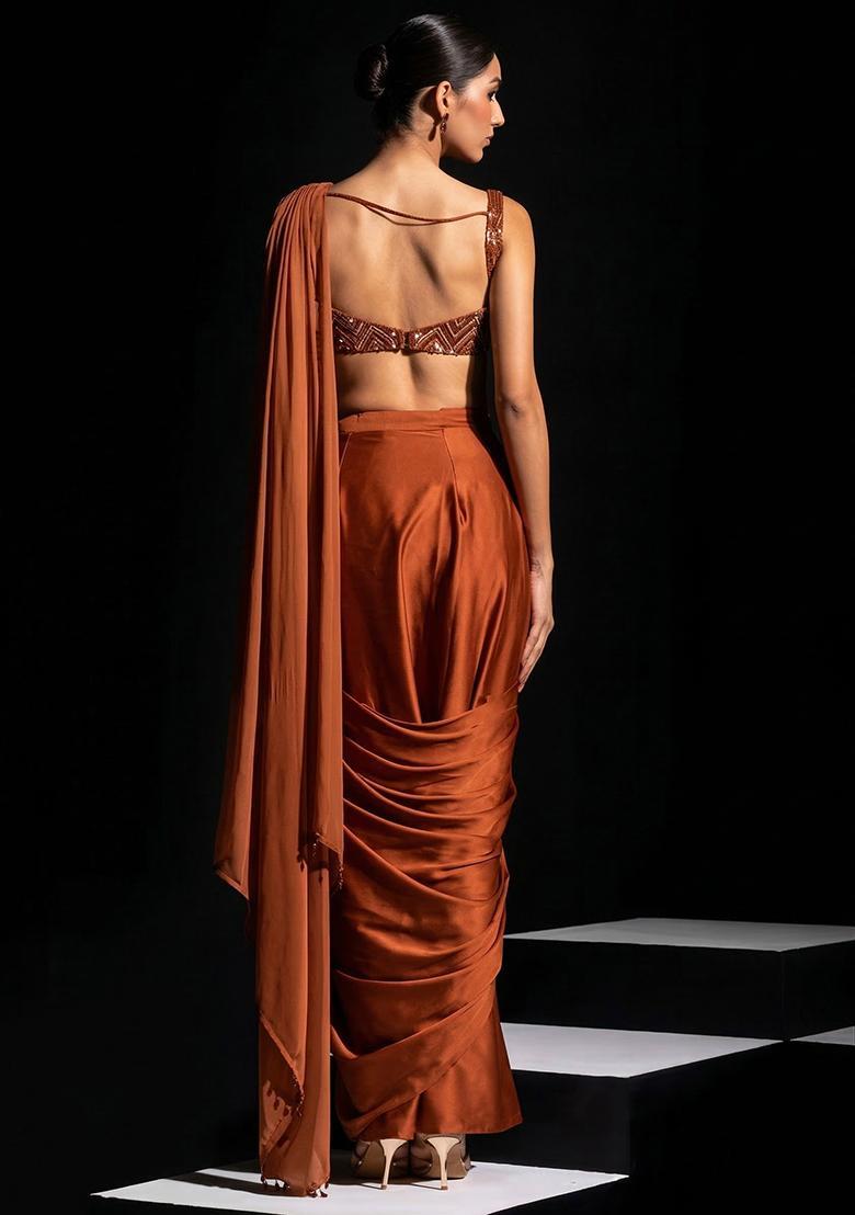 Brown Hand Work Crepe Pre Draped Saree Set - Indya