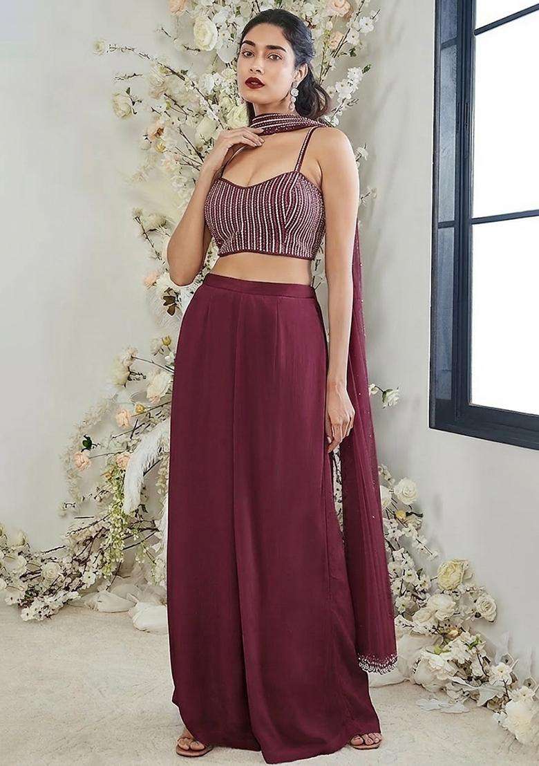 Deep Maroon Hand Work Georgette Fusion Set - Indya