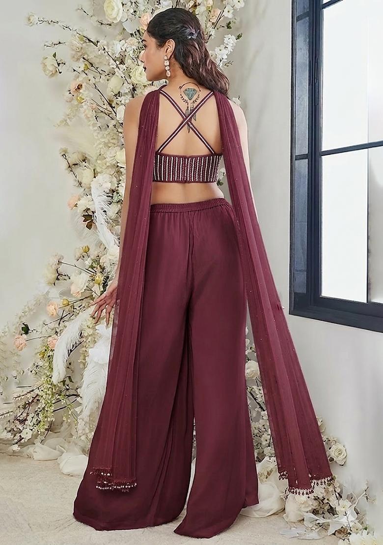 Deep Maroon Hand Work Georgette Fusion Set - Indya