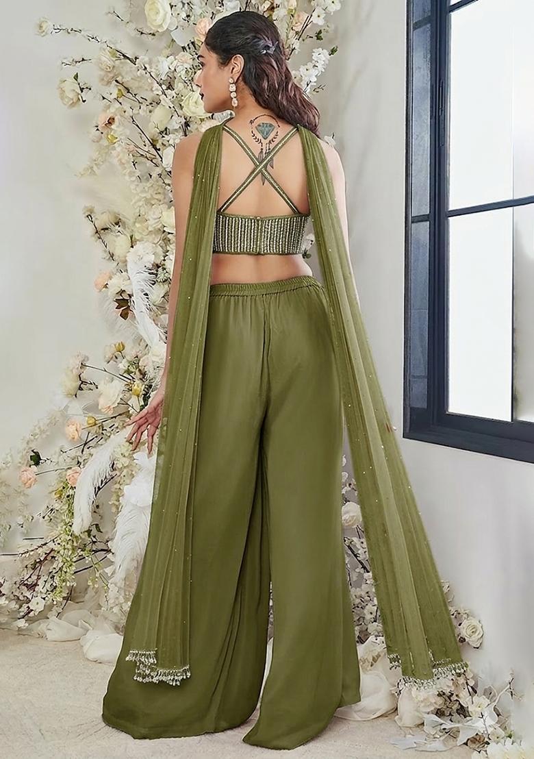 Olive Green Hand Work Georgette Fusion Set - Indya